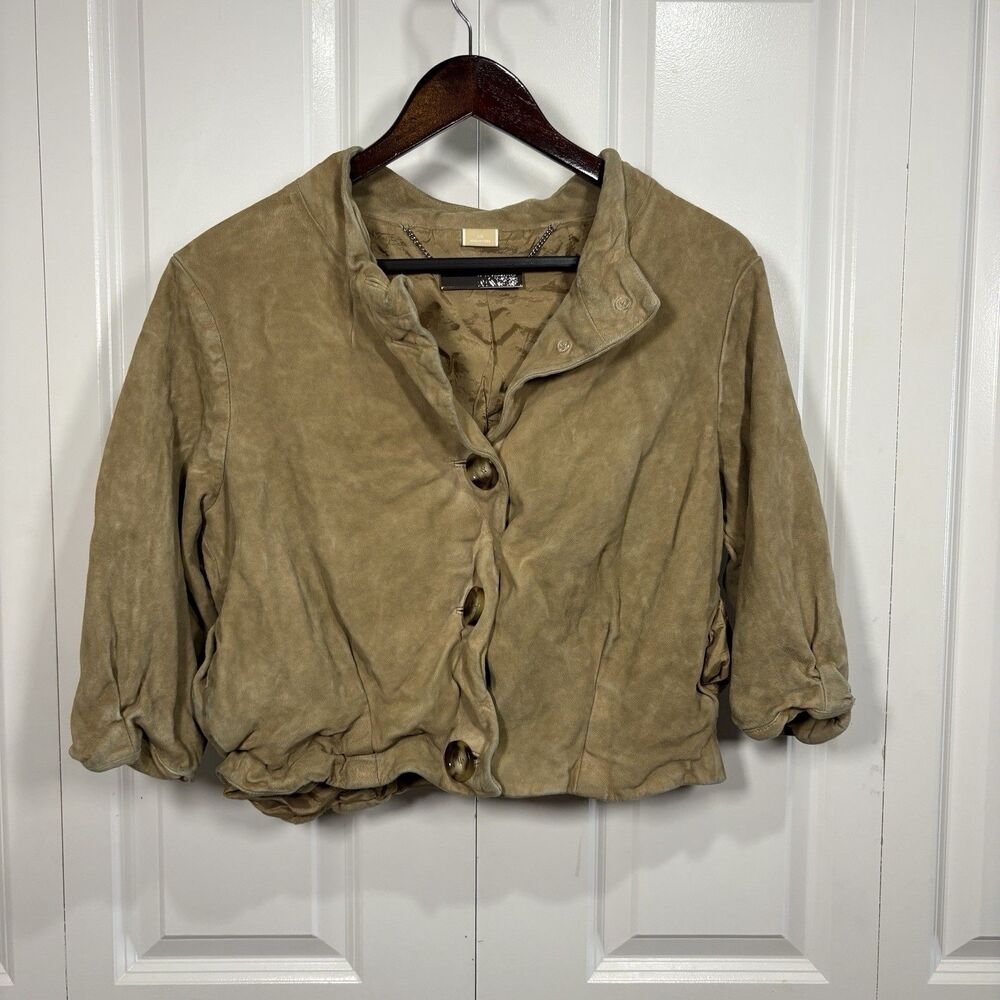 Michael Kors Suede Jacket Women L Tan Boho Moto Cropped Fall Layer Westerncore